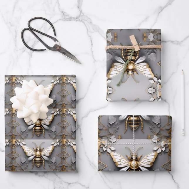 Golden Honeybee on Dark Floral Canvas Wrapping Paper Sheet (Front)