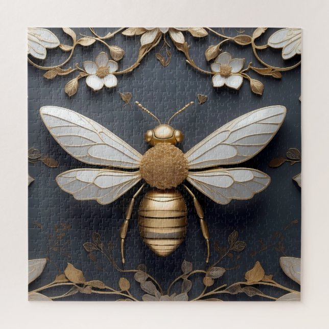Golden Honeybee on Floral Canvas Jigsaw Puzzle (Vertical)