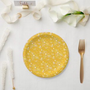 Golden Honeybees Yellow Floral Paper Plate