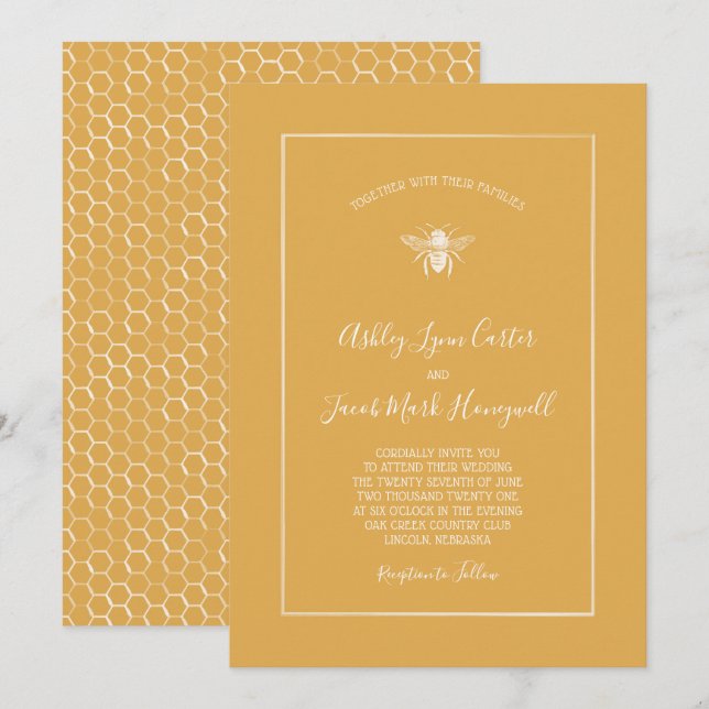 Golden Honeycomb Pattern Wedding Invitation (Front/Back)