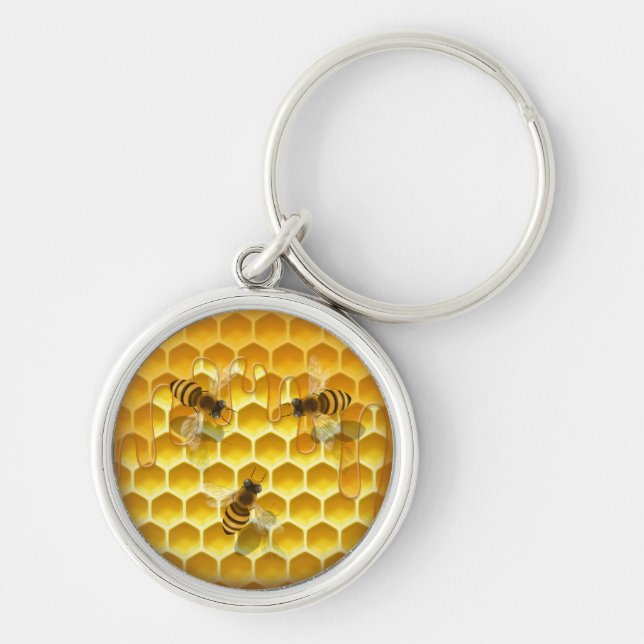 Golden Honeycomb with Honeybees Round Keychain (Front)