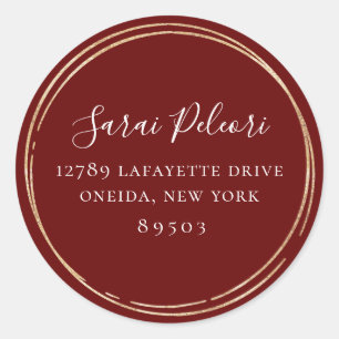 Golden Hoop Frame Marsala Red Return Address Classic Round Sticker