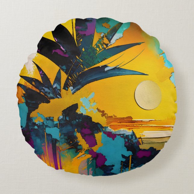 Golden Horizon – Abstract Tropical Sunset Round Pillow (Front)