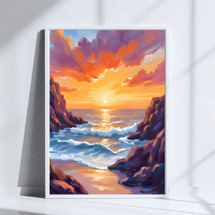 Golden Horizon   Ocean Yellow Sunset Watercolor Poster