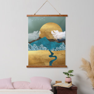 Golden Horizon with Blue Mountains Hanging Tapestry