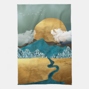 Golden Horizon with Blue Mountains Kitchen Towel