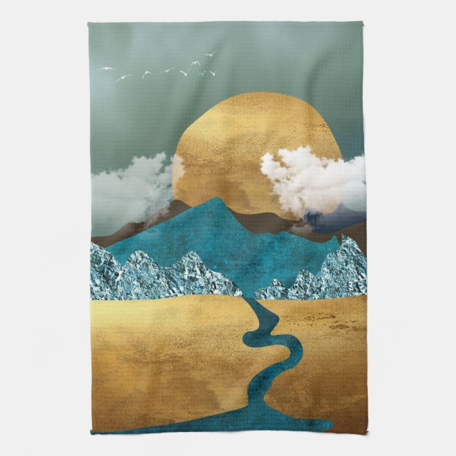 Golden Horizon with Blue Mountains Kitchen Towel (Vertical)