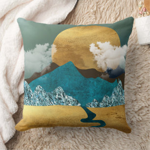 Golden Horizon with Blue Mountains Throw Pillow