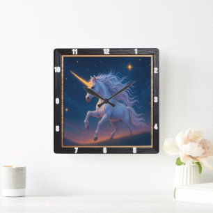 Golden Horn Unicorn Starry Journey Square Wall Clock