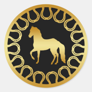 GOLDEN HORSE AND HORSESHOES CLASSIC ROUND STICKER