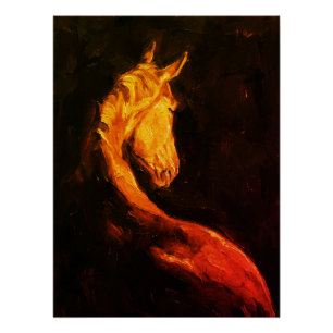 Golden Horse Oil Painting – Dark Expressive Animal Poster