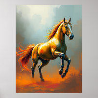Golden Horse Rears, Flowing Mane, Vibrant