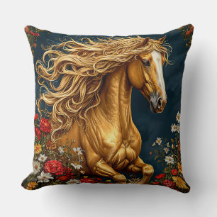 Golden Horse with Flowing Mane Throw Pillow