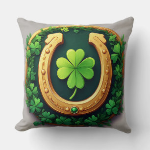 Golden Horseshoe and Lucky Clover Throw Pillow