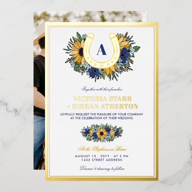 Golden Horseshoe Blue Sunflowers Photo Wedding (Front/Back)