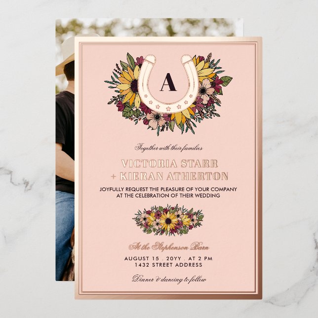 Golden Horseshoe Blush Sunflowers Photo Wedding (Front/Back)