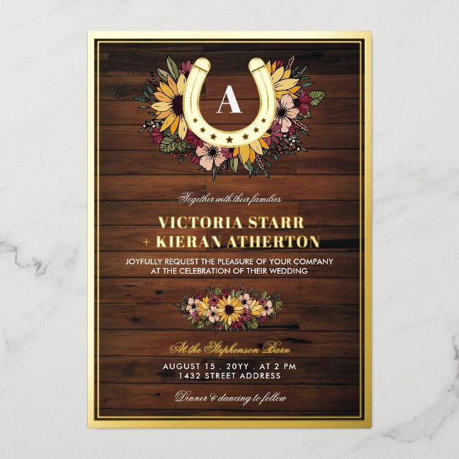 Golden Horseshoe Monogram Sunflowers Wood Wedding (Front)