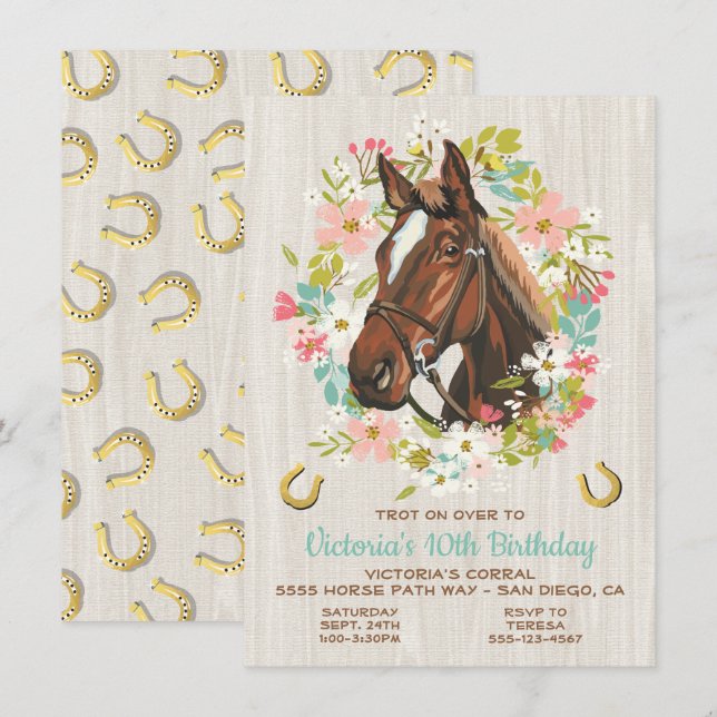 Golden horseshoe Wreath Horse Birthday Party Invitation (Front/Back)