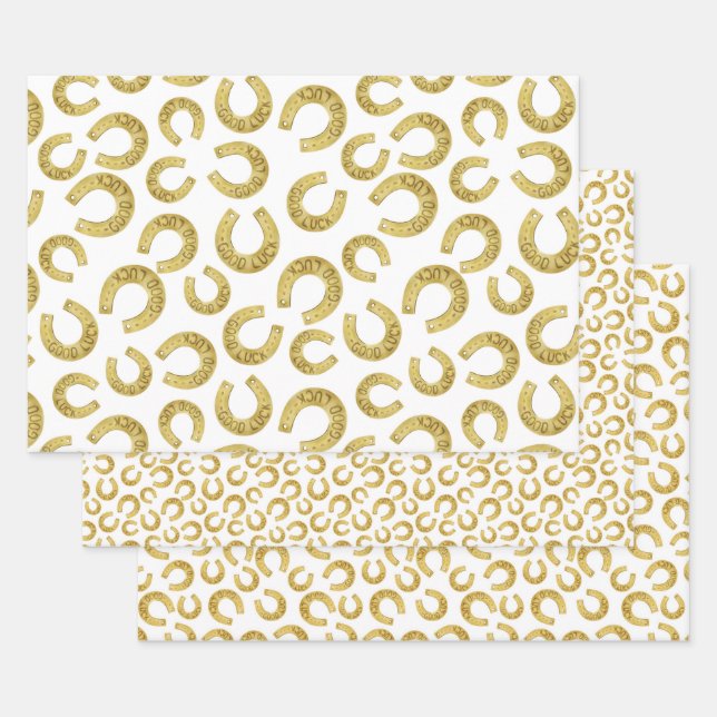 Golden Horseshoes Good Luck St. Patricks Day Wrapping Paper Sheet (Set)