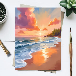 Golden Hour Beach Sunset Watercolor Painting Sea Postcard