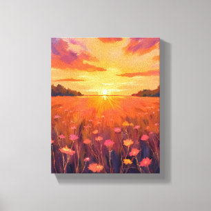 Golden Hour Flower Field Watercolor Sunset Canvas Print