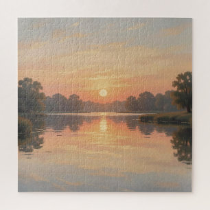 Golden Hour Lake Reflection Impressionist Jigsaw Puzzle