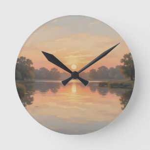 Golden Hour Lake Reflection Impressionist  Round Clock