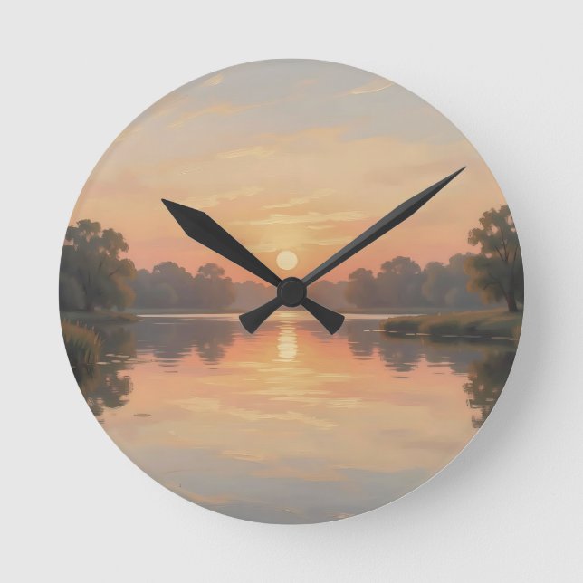 Golden Hour Lake Reflection Impressionist  Round Clock (Front)