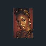 Golden Hour Melanin Beauty Headwrap Portrait Canvas Print<br><div class="desc">Golden-hour light bathes rich brown skin in a warm, luminous glow, accentuating sharp cheekbones, glossy lips, and piercing eyes framed by natural lashes. A vibrant red-gold patterned headwrap crowns her head in elegant volume, while large hammered gold hoops add timeless shine against a solid burnt-orange backdrop. The intimate close-up radiates...</div>
