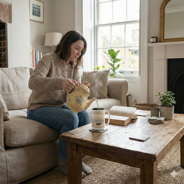Golden Hour Mist & Boat Scenery, 15 oz Two-Tone Coffee Mug (Creator Uploaded)