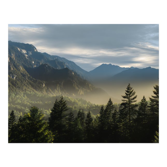 Golden Hour Misty Peaks Evergreen Forest Art Photo Print (Front)