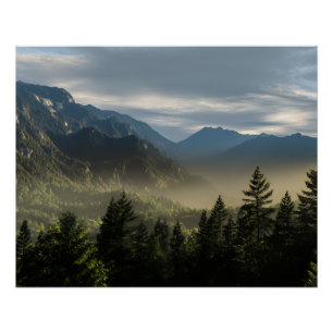 Golden Hour Misty Peaks Evergreen Forest Art Poster