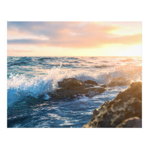 Golden Hour Ocean Waves Crashing on Rocks Sunset Photo Print