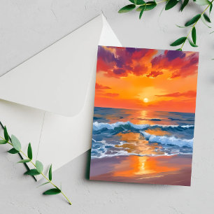 Golden Hour Sunset Ocean Beach Painting Card