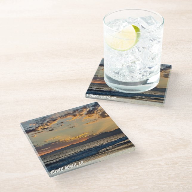 Golden Hour Sunset - Venice Beach, CA  Glass Coaster (Angled)