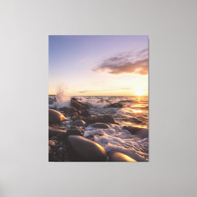 Golden Hour Sunset Waves on Rocky Shore Seascape Canvas Print (Front)