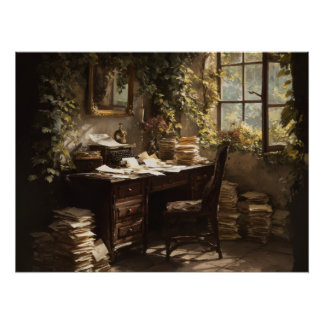 Golden Hour Vintage Study Desk Poster