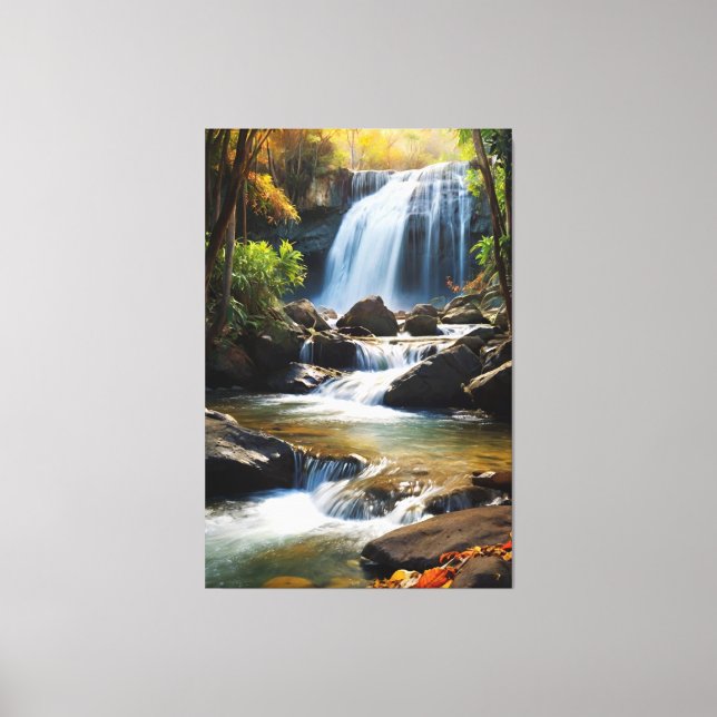 Golden Hour Waterfall - Realistic Nature Landscape Canvas Print (Front)
