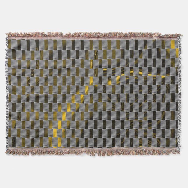 Golden image below grey plates, oblong squares throw blanket (Front)