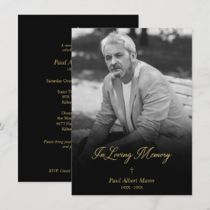 Golden In Loving Memory BW Photo Funeral Service Card