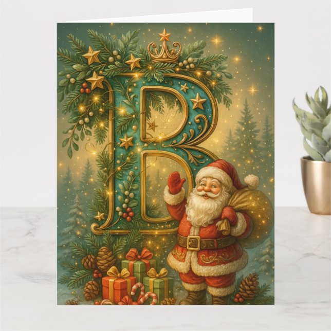 Golden Initial B with Santa Claus and Crown Card (Small Plant)