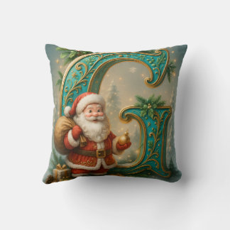 Golden Initial G with Santa Claus and Crown Throw Pillow
