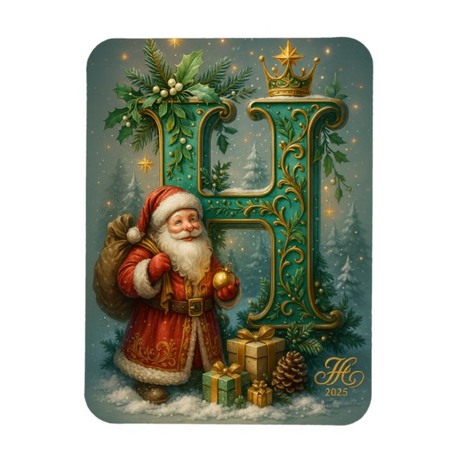 Golden Initial H with Santa Claus and Crown Magnet (Vertical)