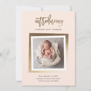 Golden intro faux foil photo birth announcement