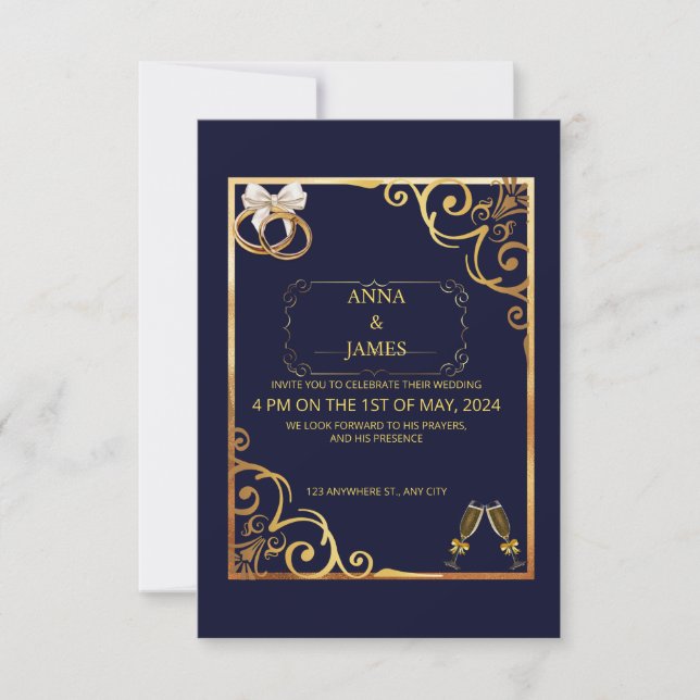  Golden Invitation Card with Elegant Gold Flowers (Front)