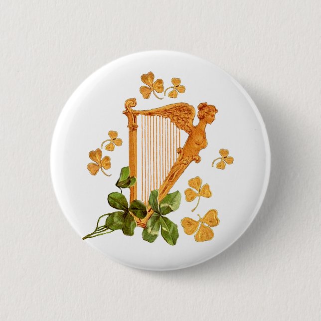 Golden Irish Harp 2 Inch Round Button (Front)