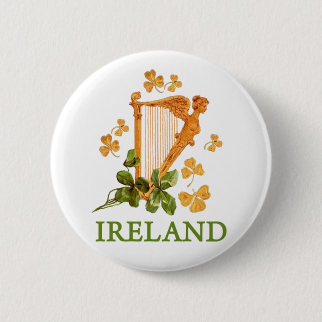 Golden Irish Harp with Golden and Green Shamrocks 2 Inch Round Button (Front)
