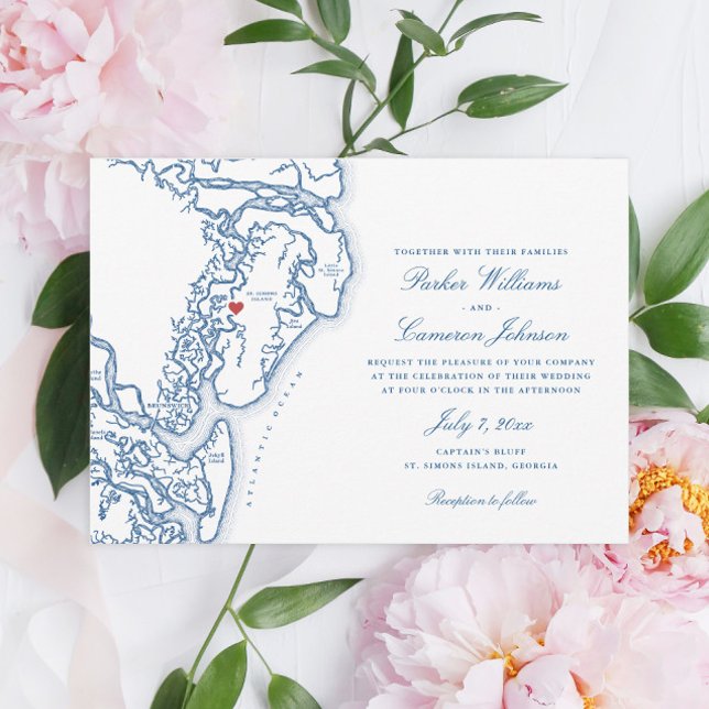Golden Isles Georgia Carte Elégant Mariage bleu ma (Golden Isles of Georgia map wedding invitation with a heart over St. Simons Island)