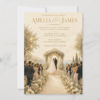 Golden Italian Villa Painting Wedding Invitation