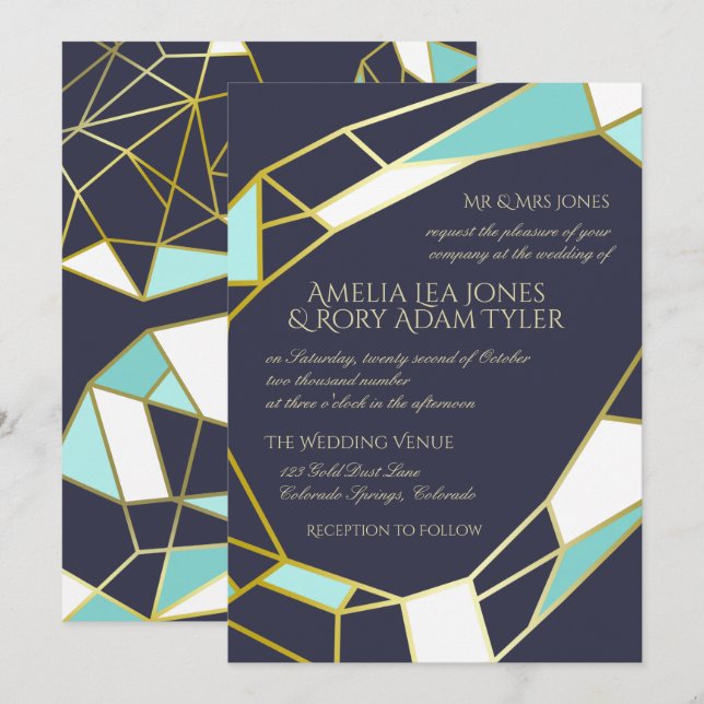 Golden Jewel Outlines | Navy & Turquoise Wedding Invitation (Front/Back)